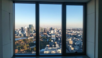Cityscape View from Inside a Modern Building Through Window Frames