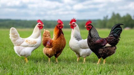 Fototapeta premium Colorful Chickens in a Green Meadow Under a Cloudy Sky