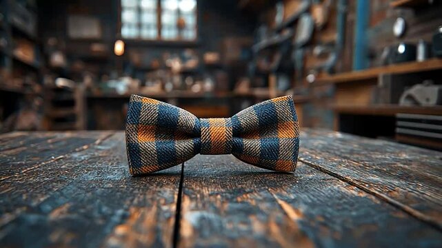Checkered bow tie on wooden table