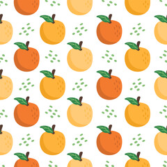 Orange fruit and leaves hand drawn, seamless vector design for print on fabric and other uses.