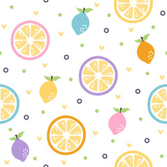 Cute lemon fruit hand drawn, seamless vector design for print on fabric and other uses.