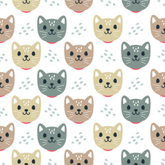 Cute kitten hand drawn, seamless vector design for print on fabric and other uses.