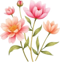 Fototapeta premium Watercolor Painting of Delicate Pink and Peach Blossoms with Green Leaves