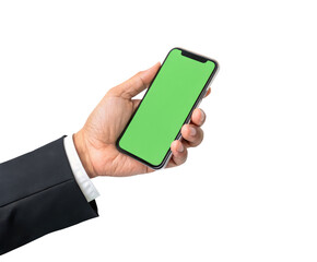 A businessman hand holding a blank smartphone with a green screen chroma key isolated on a transparent background png