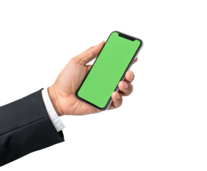 A businessman hand holding a blank smartphone with a green screen chroma key isolated on a transparent background png