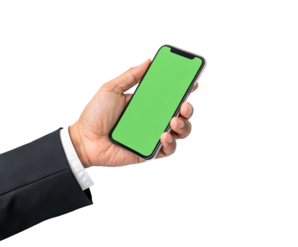 A businessman hand holding a blank smartphone with a green screen chroma key isolated on a transparent background png