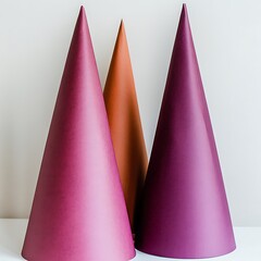 Three colorful paper cone shapes abstract composition with vibrant shades of burgundy and orange photo