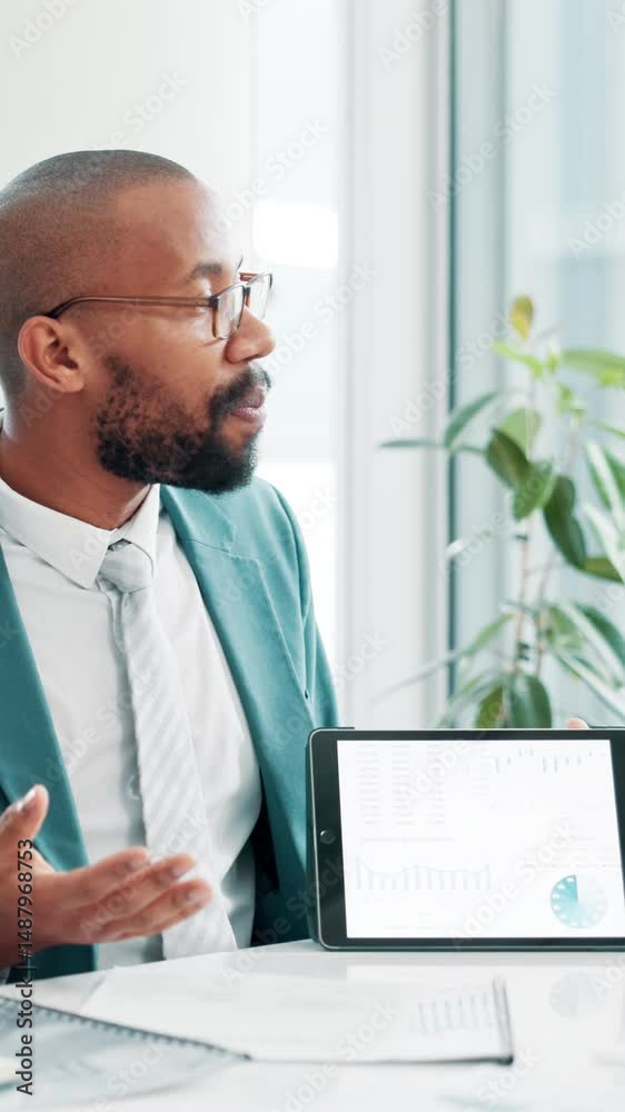 Poster meeting, screen or black man with tablet for charts, data analytics and graphs for profit or sales i
