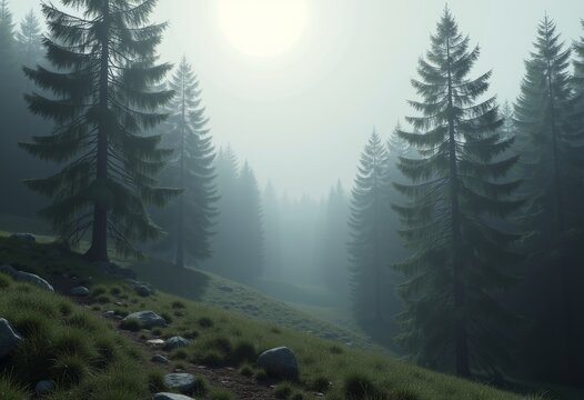 Misty forest landscape with tall pine trees in early morning light   - Powered by Adobe