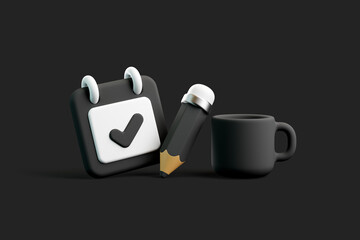3D Dark Icon Set with Calendar, Pencil, and Coffee Mug on Black Background