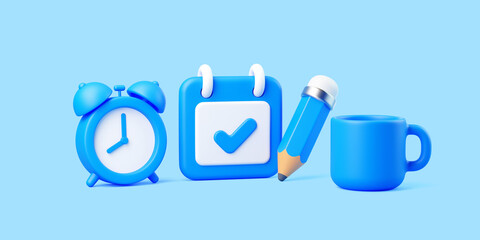 3D Blue Alarm Clock, Calendar, Pencil, and Coffee Mug on Light Blue Background