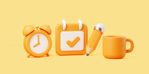 3D Office Essentials Set with Alarm Clock, Calendar, Pencil and Mug