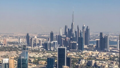 Fototapeta premium Futuristic Dubai Skyline with Skyscrapers Against Desert Landscape