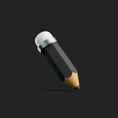 3D Black Pencil with Eraser on Dark Background
