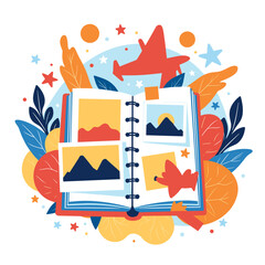 Colorful illustrated travel journal with photos and decorative elements