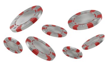 Red and silver poker chips scattered for casino gambling game and betting