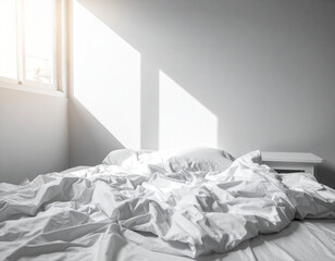 An unmade bed with crumpled white sheets and sunlight streaming through the window