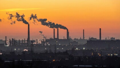 Fototapeta premium Industrial Cityscape at Twilight with Smokestacks Against Orange Sky