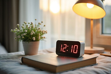 Đồng hồ điện tử tr&ecirc;n giường v&agrave;o buổi s&aacute;ng sớm
