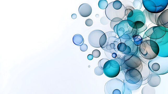 there are many blue bubbles floating in the air on a white background
