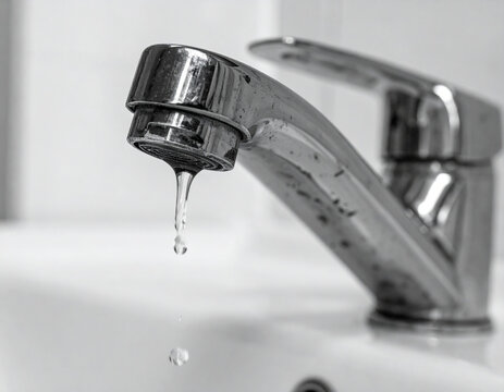 Water drips steadily from a leaky faucet into a sink, capturing a mundane yet relatable household occurrence.