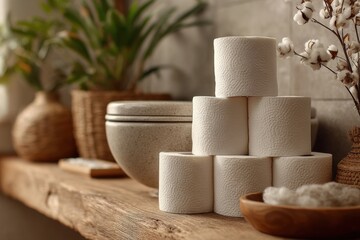 Elevated Toilet Paper Stack on Rustic Wood Shelf with Bathroom Decor and Cotton Stalks for Interior Scene