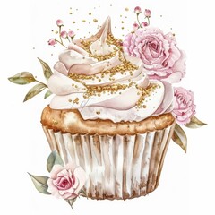 Watercolor Cupcake with Pink Roses, Berries, and Gold Sprinkles