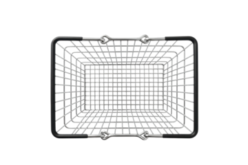 Empty metal shopping basket overhead view isolated on transparent background