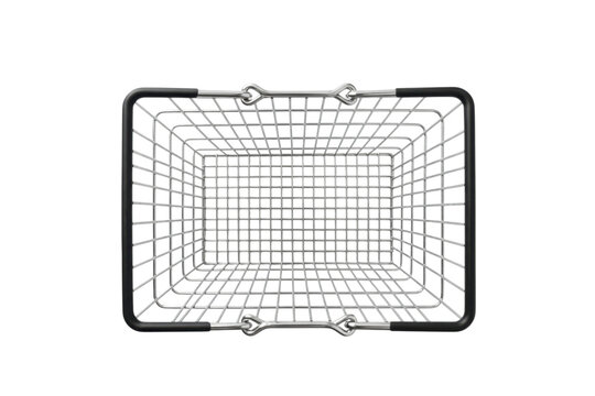 Empty metal shopping basket overhead view isolated on transparent background