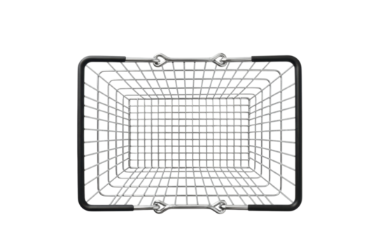 Empty metal shopping basket overhead view isolated on transparent background