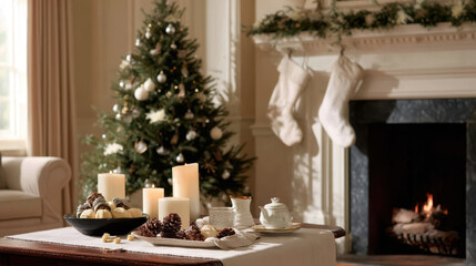cozy living room decorated for christmas in usa featuring beautifully adorned tree twinkling lights and festive