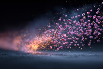 Mysterious swarm of red microbes or cells suspended in glowing mist, appearing to emerge from surface.