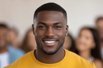 Fototapeta premium Engaging portrait of a smiling man with stylish hairstyle in a bright yellow shirt radiating confidence against a warm blurred background of cheerful individuals capturing authentic moments