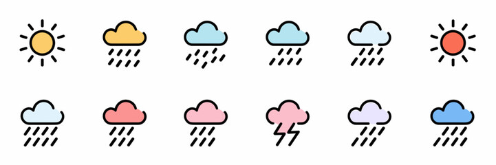 Obraz premium Vector icon sheet depicting various weather conditions on white background