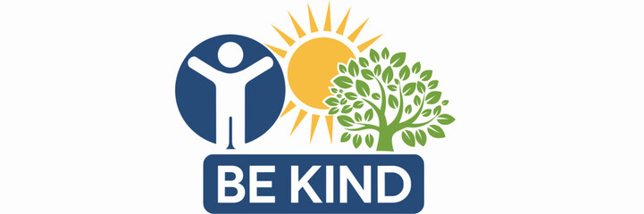 Blue circle with human silhouette, sun, and tree with "Be Kind" message – Suitable for wellness campaigns, motivational graphics, or environmental initiatives
