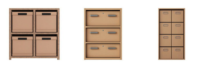 Three different styles of brown filing cabinets with multiple drawers for document organization.