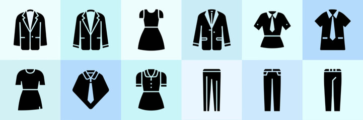 minimalist vector icon sheet of business clothing arranged in grid with light blue background – ideal for fashion apps, business design, or office resources