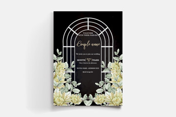 WEDDING INVITATION FRAME WITH FLOWER DECORATIONS AND FRESH LEAVES