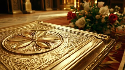 Ornate golden box with intricate carvings.