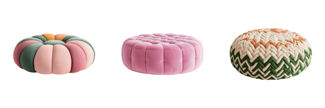 Three colorful, round poufs with distinct patterns and plush textures are arranged in a row.