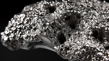 Close-up view of a metallic, textured, sculptural piece.