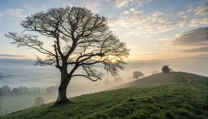Obraz premium Solitary Tree on Grassy Hilltop at Sunrise with Fog 