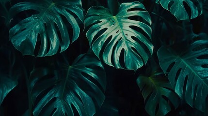 Lush, deep green monstera leaves in a dark botanical backdrop.