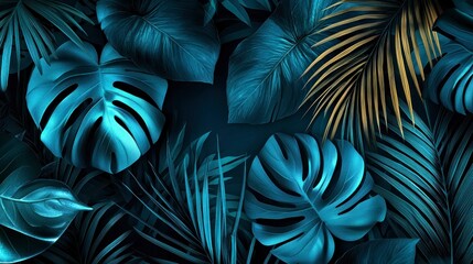 Dark, vibrant arrangement of tropical leaves.