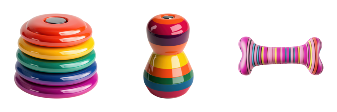 Colorful stacking and bone-shaped toys with vibrant patterns and smooth, glossy surfaces.