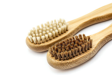 Two eco-friendly bamboo toothbrushes with different bristle types on a clean white background