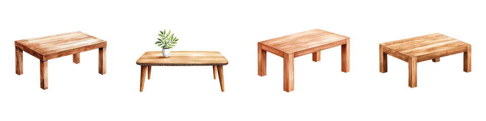 Four wooden tables, one with a small potted plant placed on top.