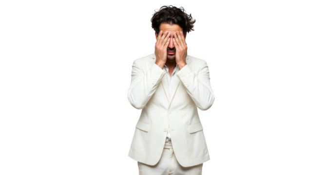 Man in white suit covering his face isolated on transparent background - Powered by Adobe