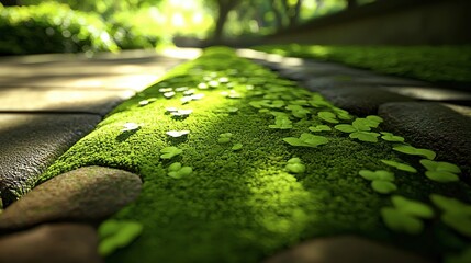Lush green moss path illuminated by sunlight.