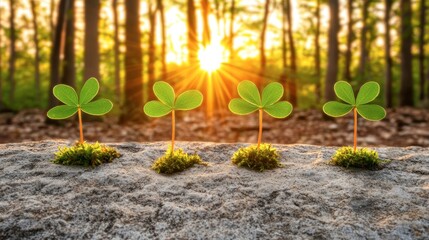 Four small plants emerge from a rocky surface bathed in sunlight.